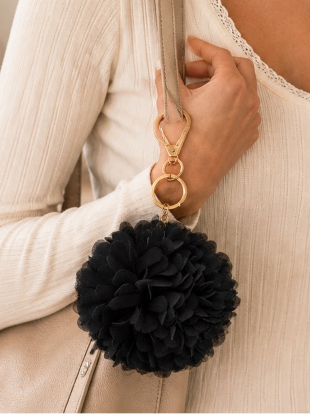 LC Lauren Conrad Black Chiffon Pom Pom Keychain Gold Clasp Boho Chic Charm NWT